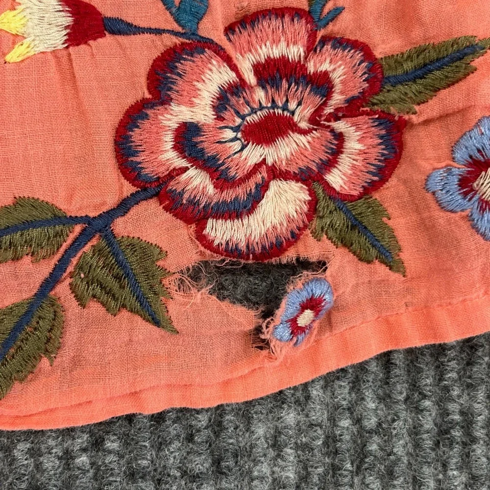 Johnny Was Top Womens XL Embroidered Floral Butterfly Peasant Blouse Square Neck